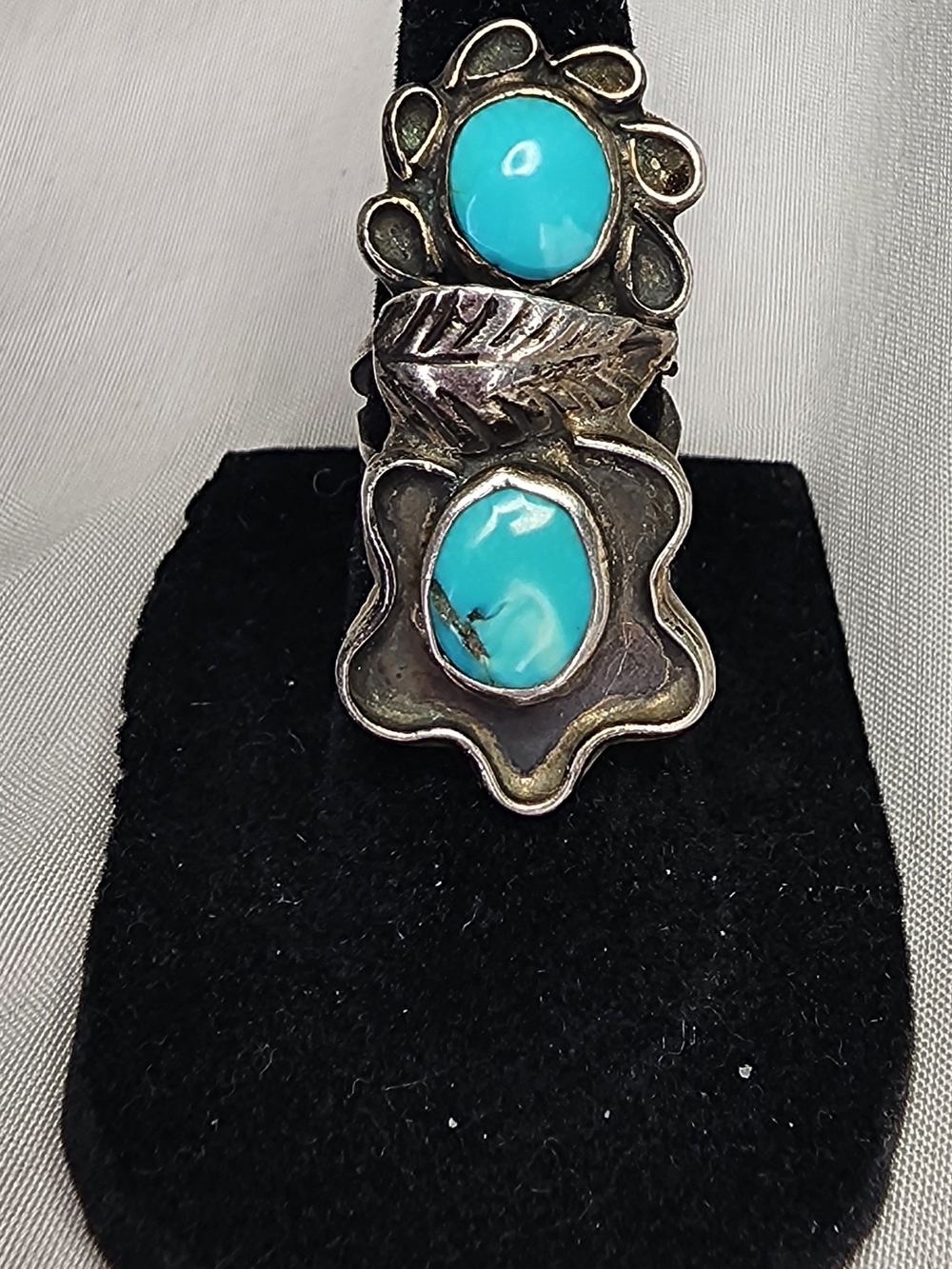 Vintage Sterling Silver Turquoise Double Stone Ring, Signed, SZ 3.75